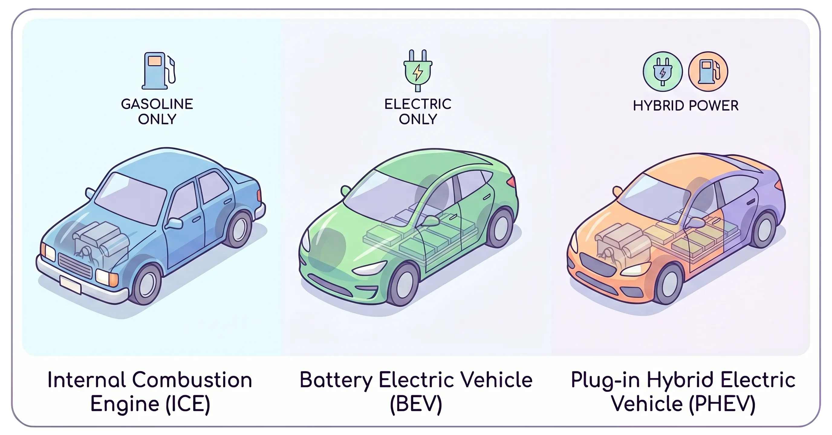 Comparison diagram of ICE, BEV, and PHEV cars