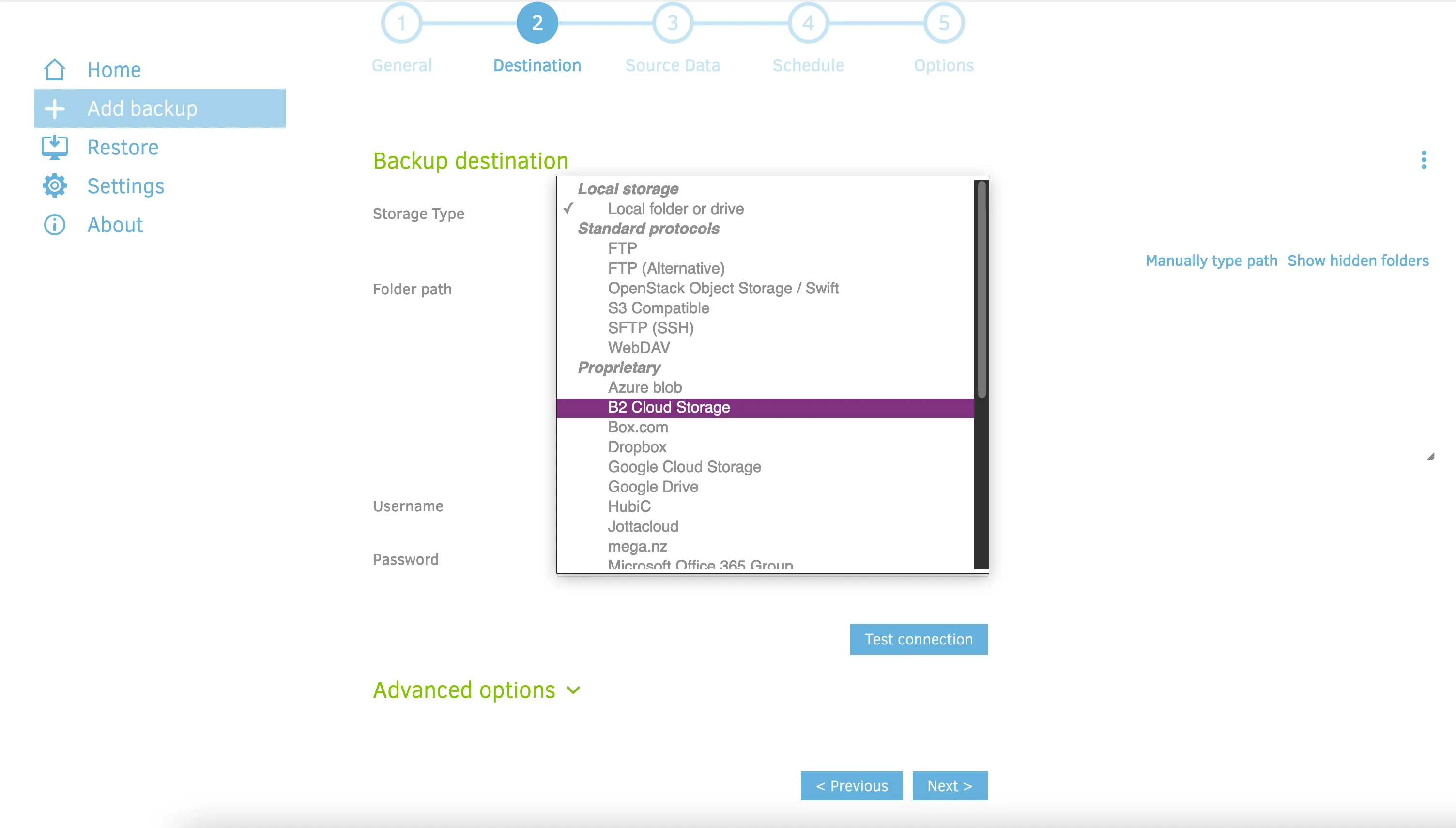 Set backup destination to Backblaze