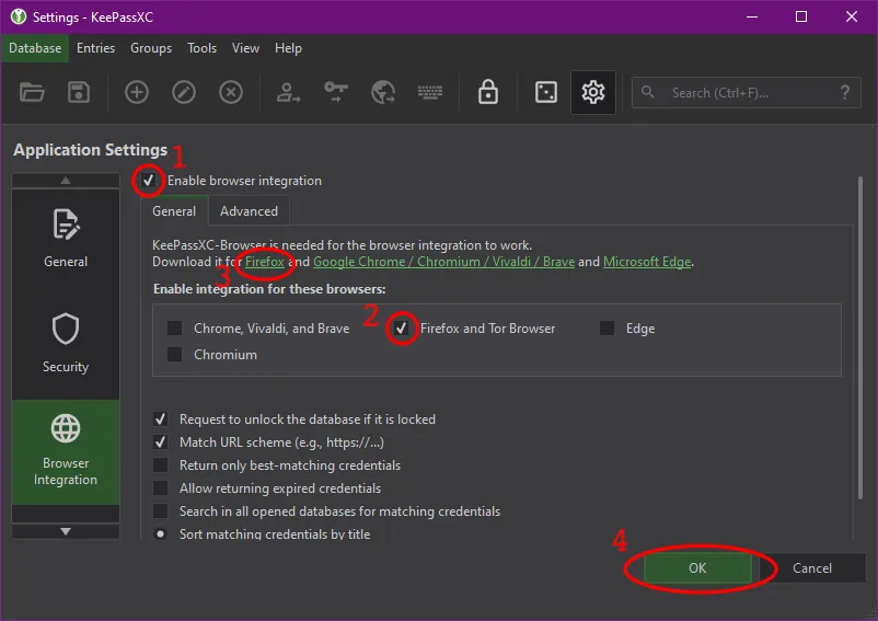 KeePassXC browser integration window