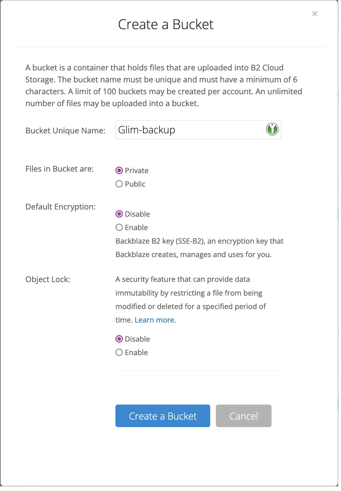 Backblaze's 'Create a Bucket' screen