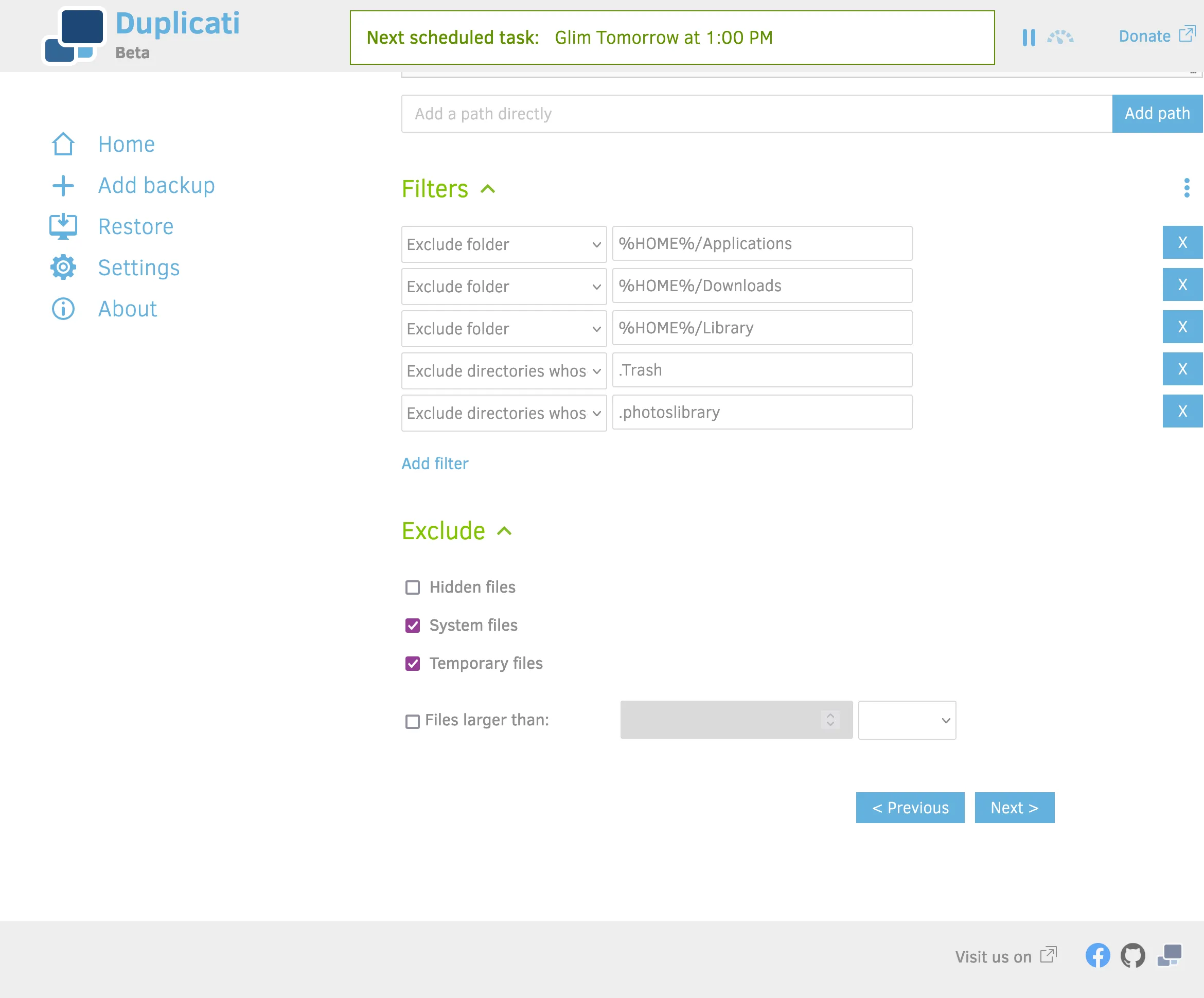 Setting up filters in Duplicati