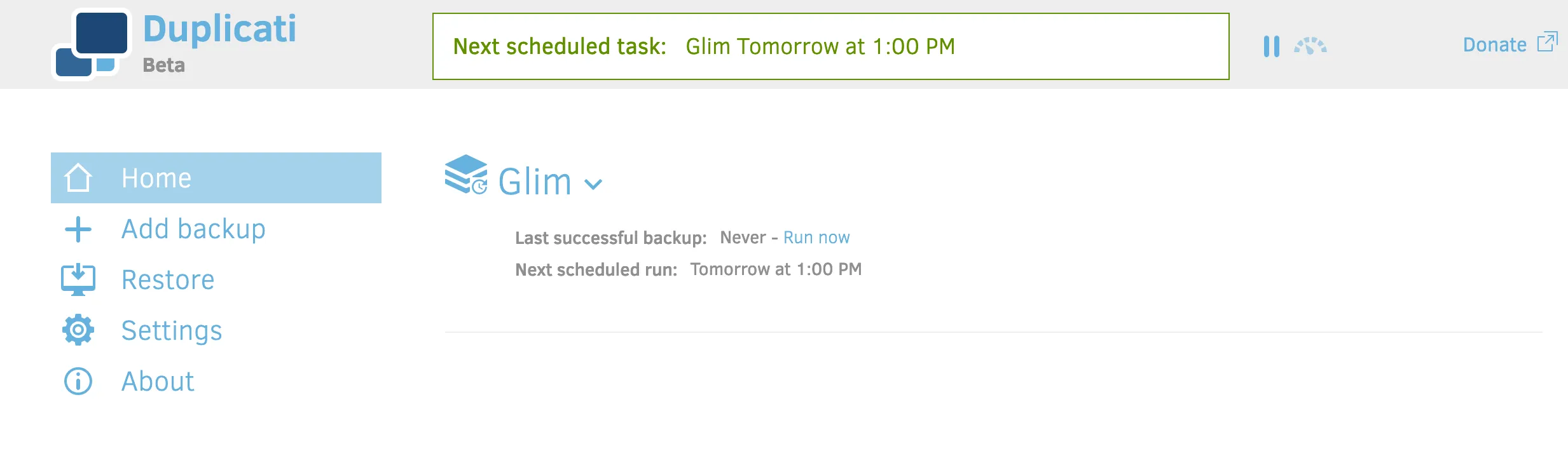 Duplicati's backup job, ready to run