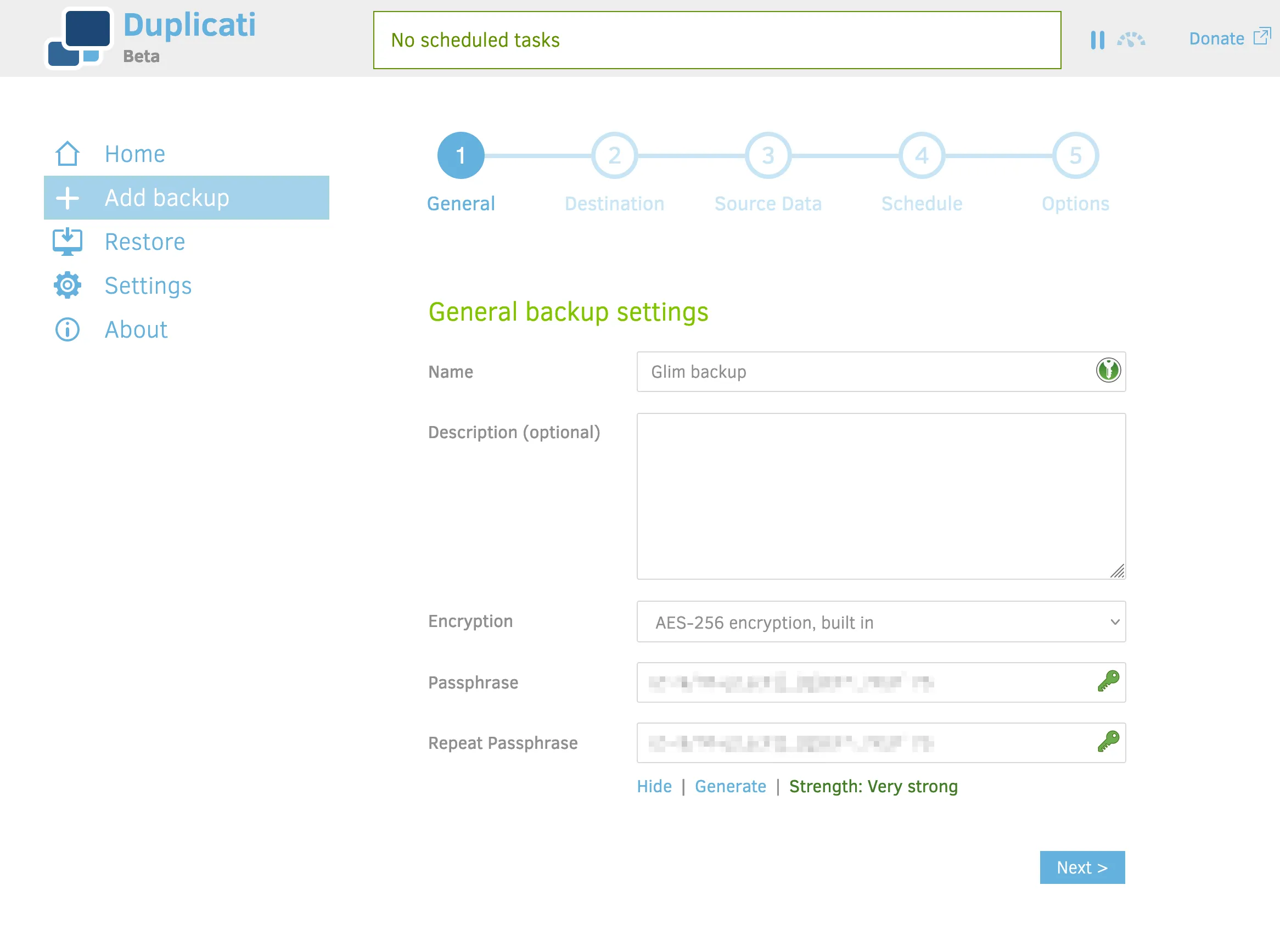 Duplicati's 'General' screen