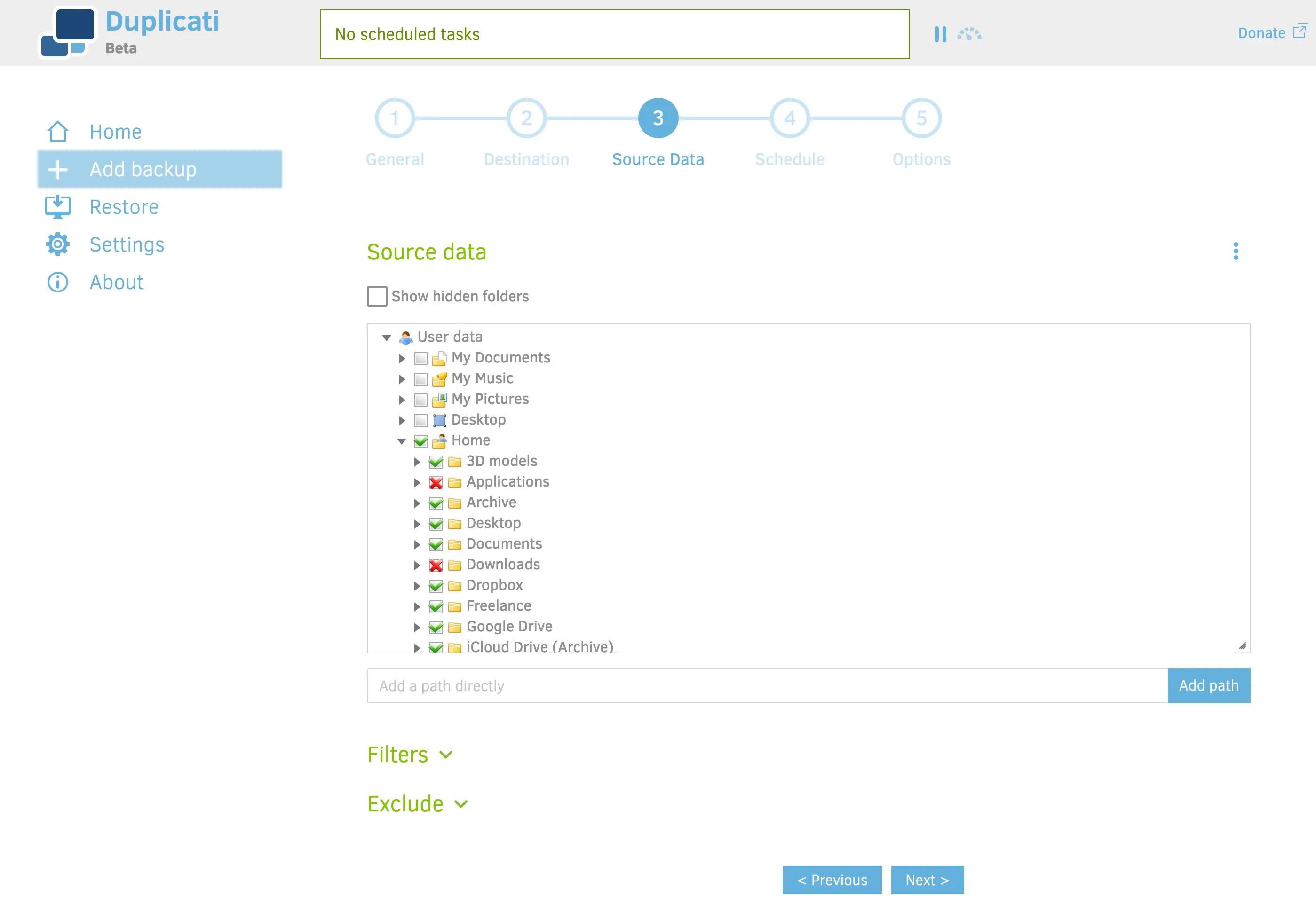 Duplicati's 'source data' screen