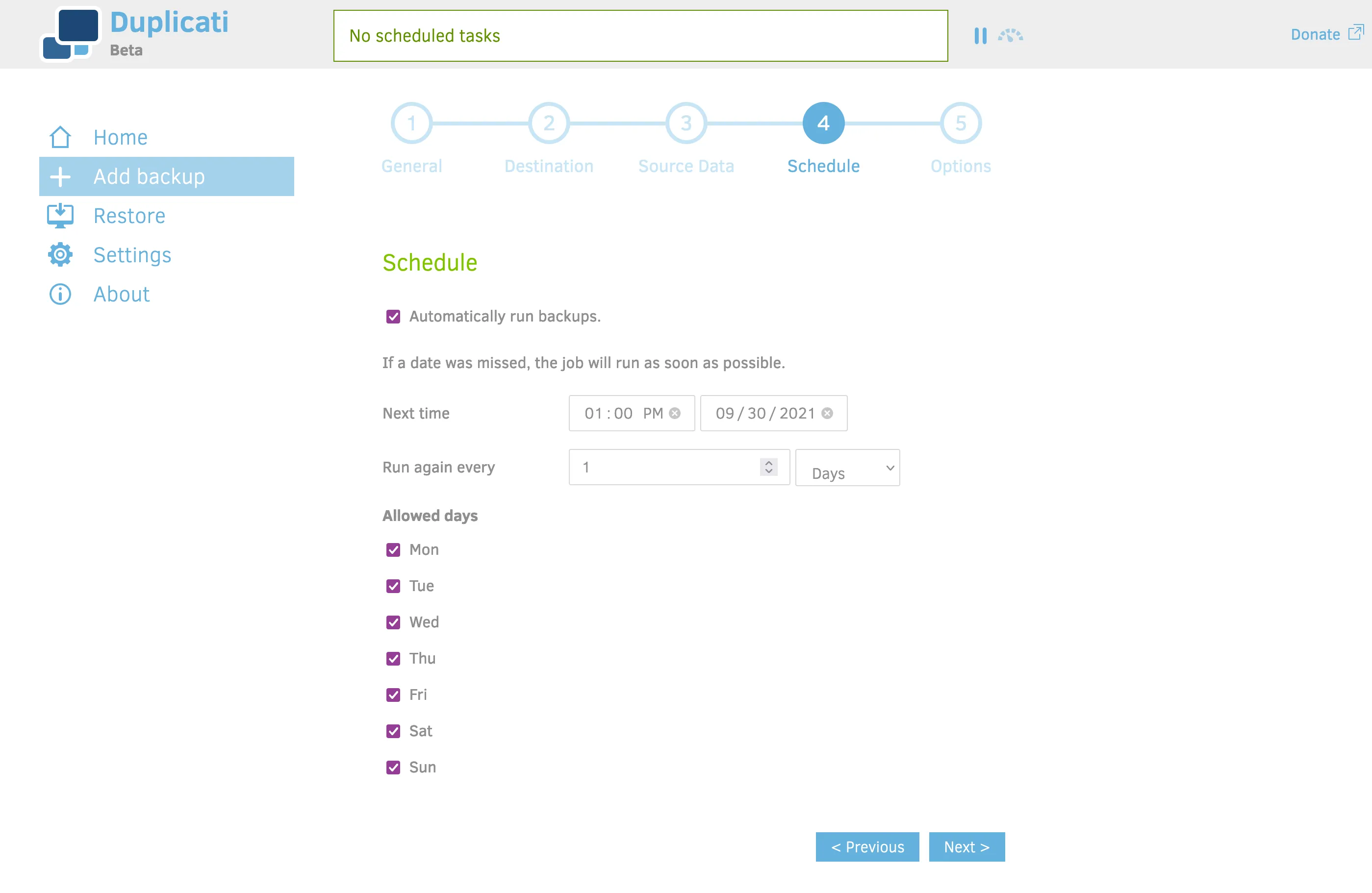 Duplicati's 'schedule' screen