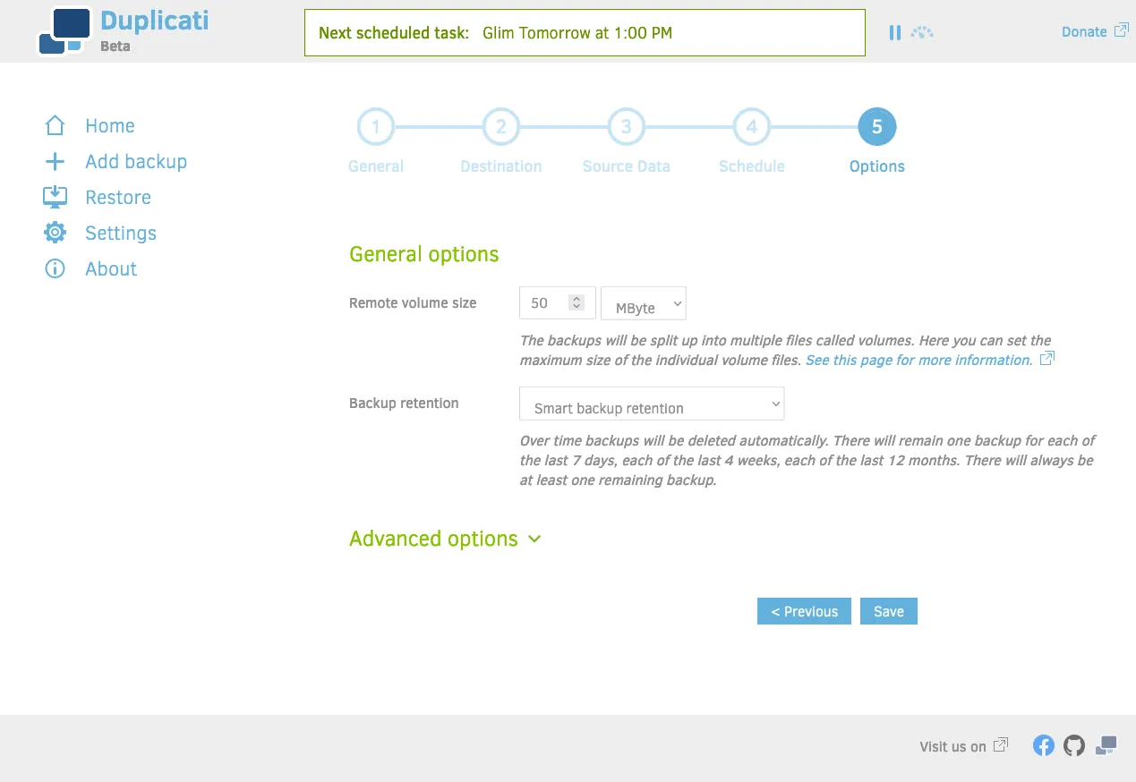 Duplicati's 'options' screen