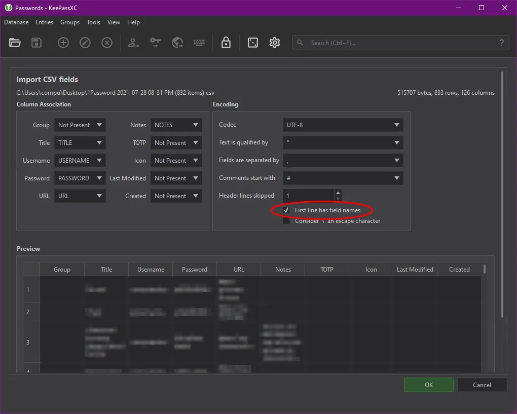 KeePassXC's Import CSV Fields screen