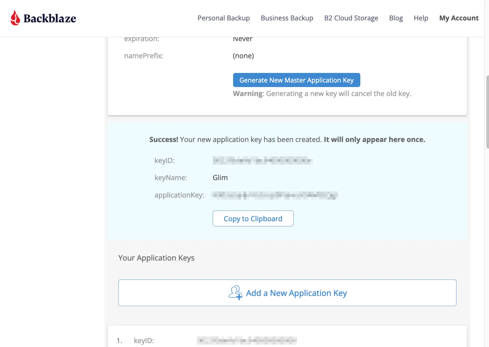Backblaze shows a new application key